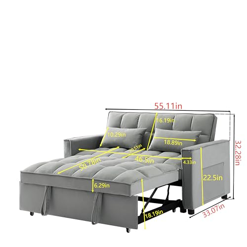 Futon Sleeper Sofa Bed Couch - Velvet 3 in 1 Convertible Sleeper Sofa w/Pullout Bed, Small Love Seat Lounge Sofa w/Reclining Backrest, Toss Pillows, Pockets for Living Room (Grey)
