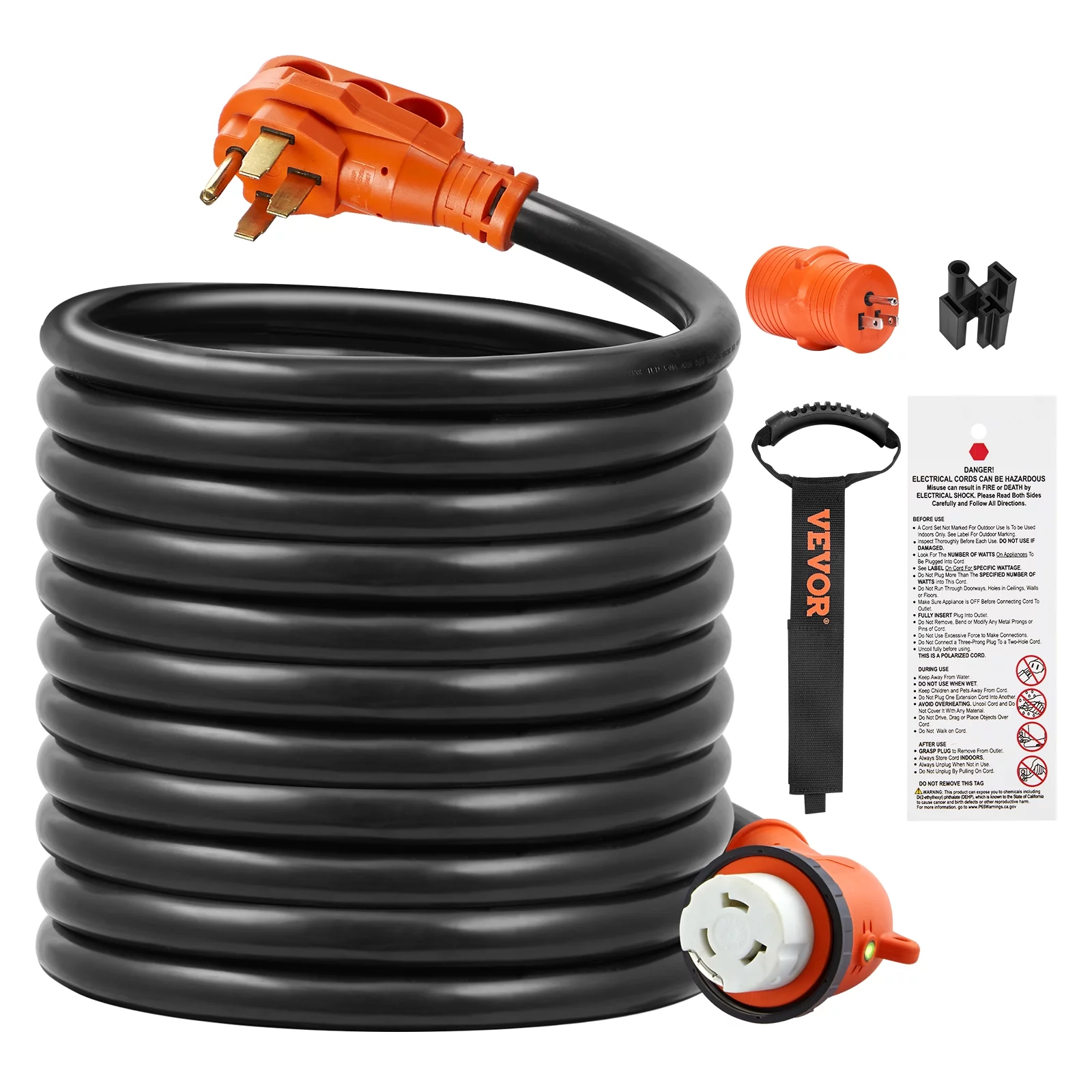 VEVOR 30 Feet RV Power Cord, 50 Amp, Heavy Duty STW 6/3 + 8/1 Generator Cord, NEMA 14-50P Male NEMA SS2-50R Female Plug, with LED Indicator Handle 15A Adapter, for RVs, ETL Listed