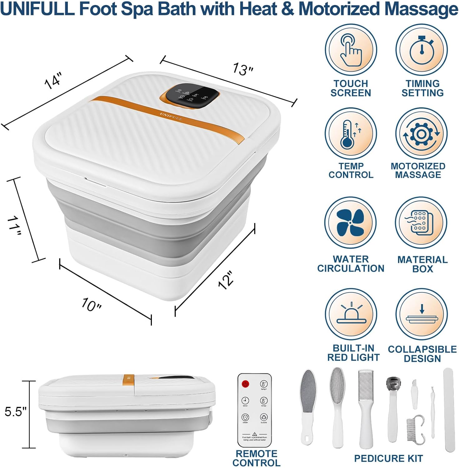 UNIFULL Collapsible Foot Spa Bath with Heat, Motorized Massager, Touch Screen, Foot Pedicure Kit, Temperature Control, Pedicure Foot Spa, Foot Bath