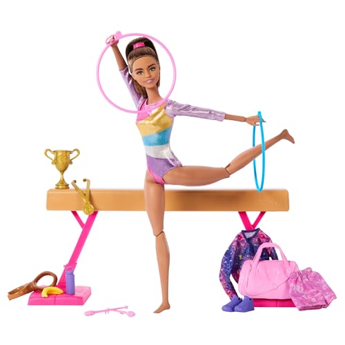 Barbie Careers Playset, Gymnastics Set with Blonde Gymnast Fashion Doll, C-Clip for Flipping Action, Balance Beam, Warm-Up Suit & Accessories