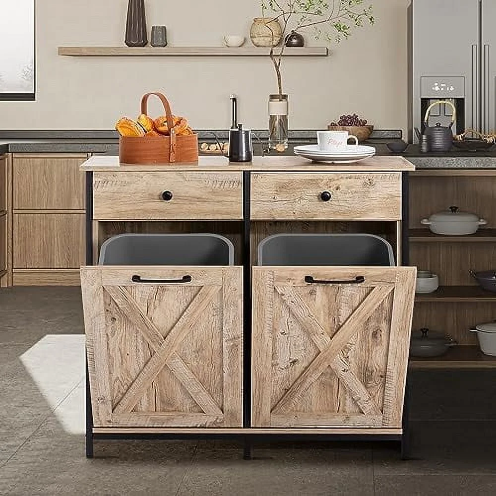 TJUNBOLIFE Double Barn Door Style Trash Cabinet  Double Tilt Out Trash Cabinet with Solid Hideaway Drawer Rustic Kitchen Trash Cabinet Free Standing Wooden Kitchen Recycling Cabinet  Hold