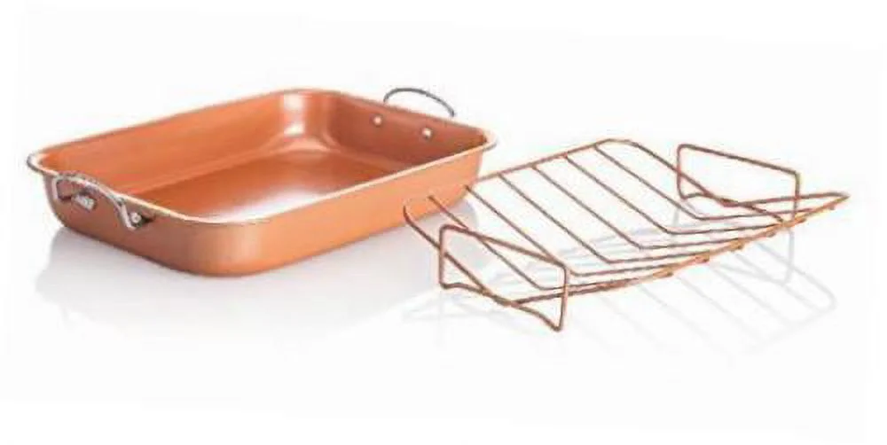 Copper Roasting Pan Roaster Cookware with Nonstick Rack Lasagna Bake Dish Open