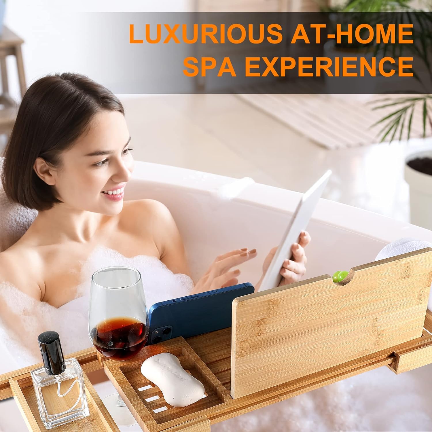 Premium Bathtub Caddy Tray for Tub, Bamboo Bath Tray for Tub with Extending Sides, Adjustable Bath Tub Tray Wood for Luxury Bath Fits Most Bath Tubs Bathtub Accessories Gift Idea