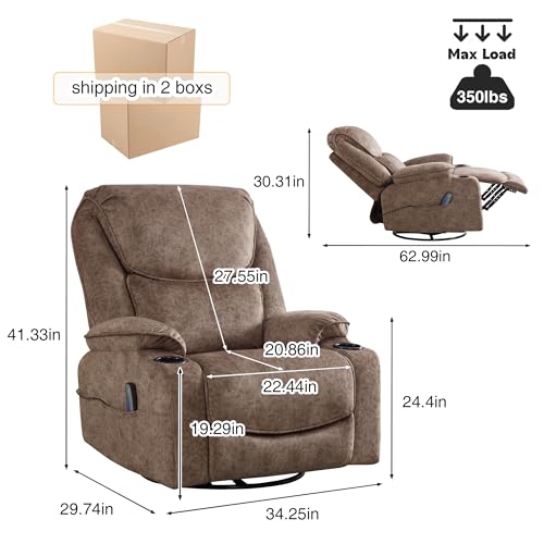 Swivel Rocker Recliner Chair, Power Reclining Chair Breathable Leather Recliner for Adults with Cup Holders and USB Port, Oversized Glider Rocking Recliner for Living Room, Dark Brown