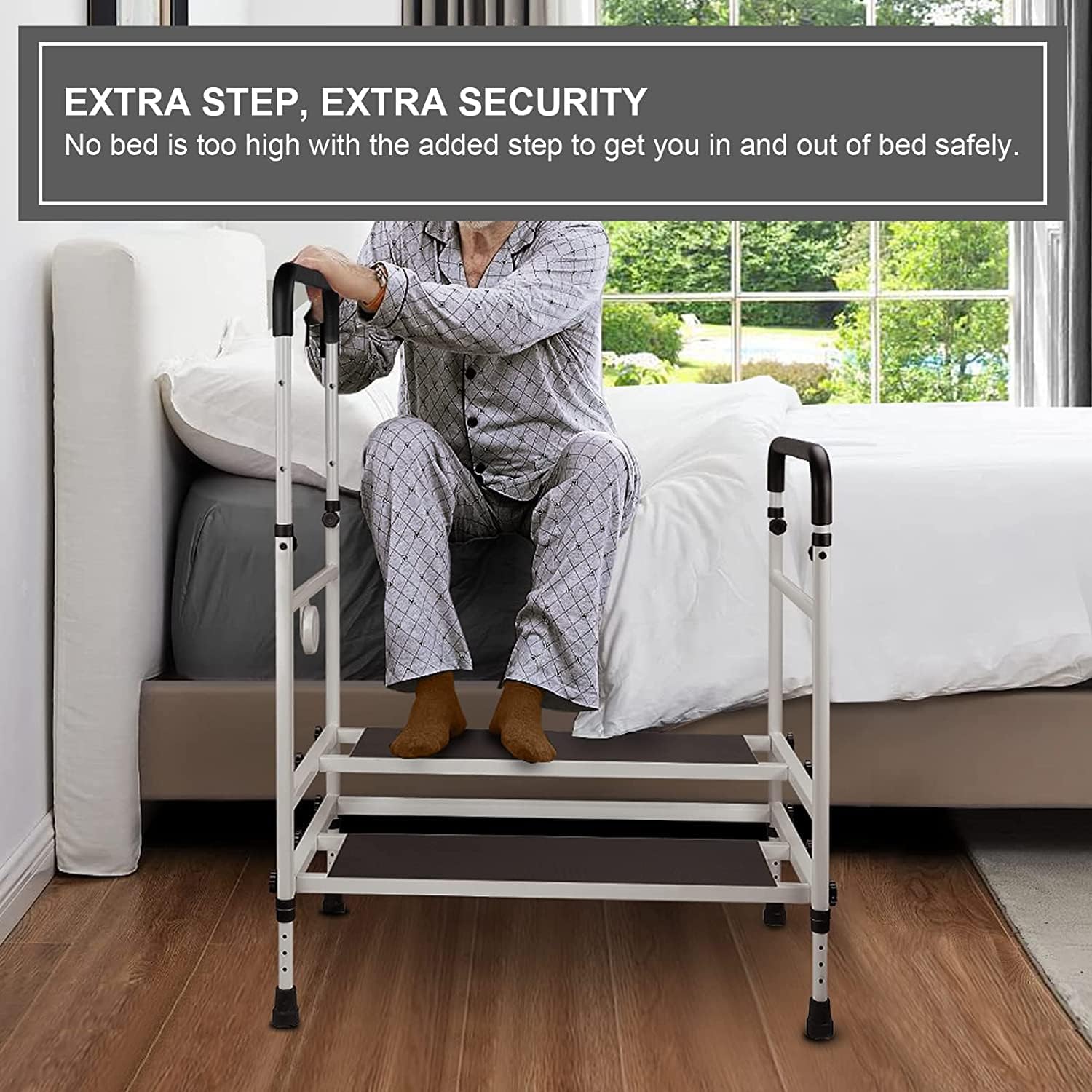 Bed Rails for Elderly Adults with Adjustable Height, Two-Steps Bedside Step Stool & LED Light for Fall Prevention, Heavy Duty Step Stool for Bed, Medical Bed Assist Rails with Handles