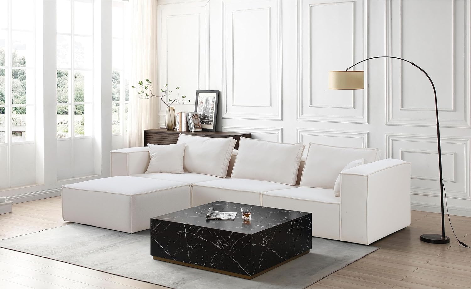 129.13 inches L Shaped Modular Sofa Couch with Ottoman, White Sectional Sofa with Reversible Chaise for Living Room Apartment Home Office (3 Seat)