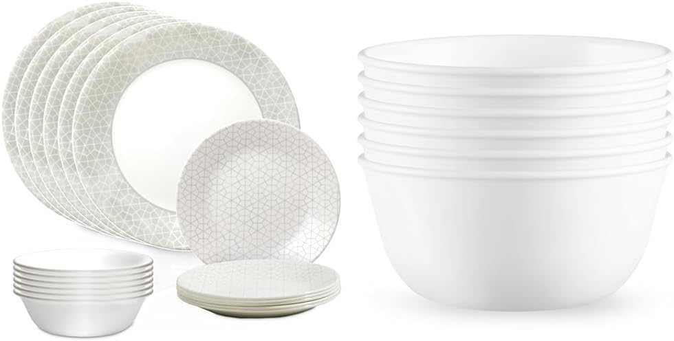 Corelle Vitrelle 18 Piece Glass Dinnerware Sets, Service for 6 & 28 oz Soup Bowls Set of 6, Triple Layer Chip Resistant