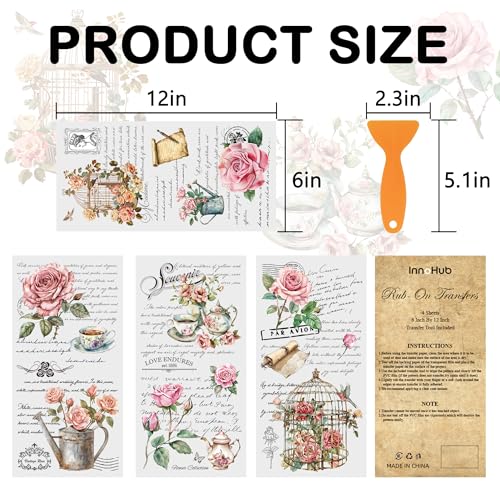 4 Sheets Rub On Transfers for Crafts, Vintage Rub On Transfers for Furniture Transfers Rub On Home Decor, Decals, Wood Furniture, Tiered Tray,6 x 12 Inches (Elegant Melody)