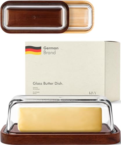 KIVY Glass butter dish with airtight lid that keeps butter soft - For countertop and refrigerator door shelf - Butter tray with lid fridge - Butter holder for counter - Covered butter dishes with lid