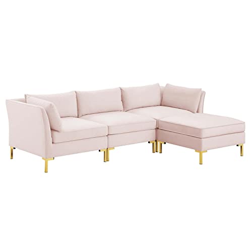 Modway Ardent Performance Velvet Sectional Sofa, 5 Piece L-Shape, Pink