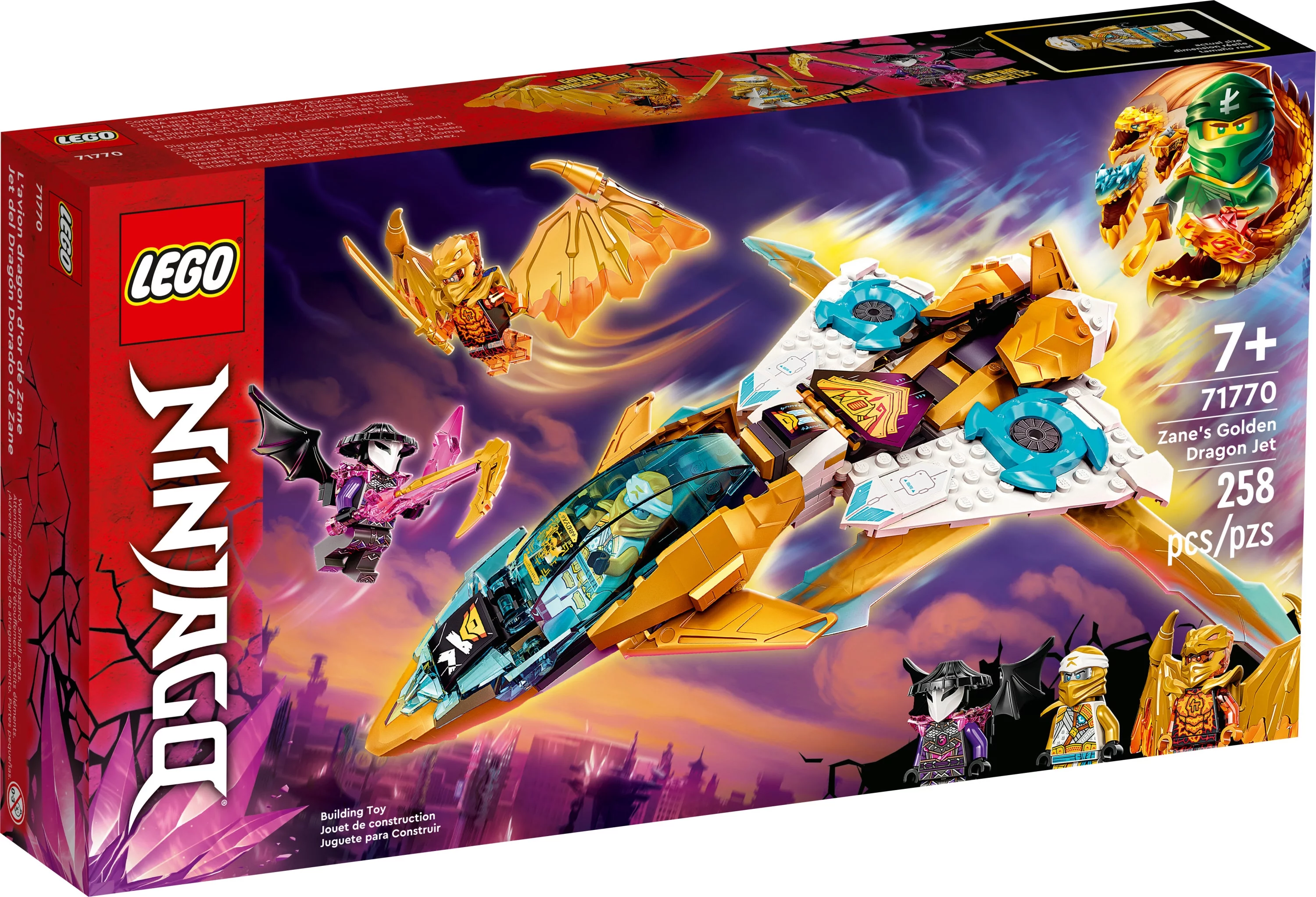 LEGO NINJAGO Zane's Golden Dragon Jet, 71770 Toy Plane Set, Birthday Gift Idea for Kids, Boys and Girls 7 Plus Years Old with Cole & Zane Minifigures