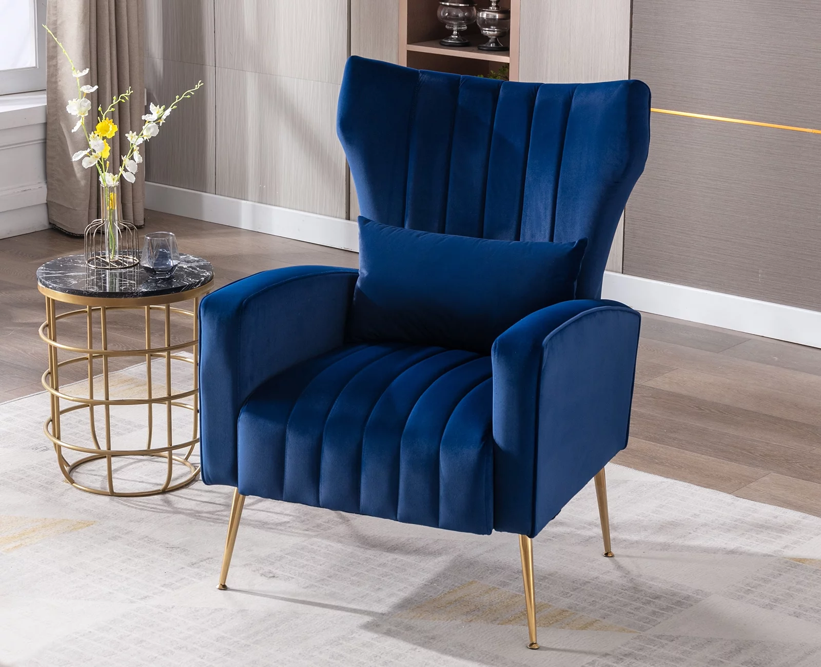 Guyou Velvet Accent Chair, Modern Upholstered Wingback Armchair with Metal Legs and Pillows, Comfy Single Sofa Chair Lounge Chair for Living Room Bedroom Study, Navy