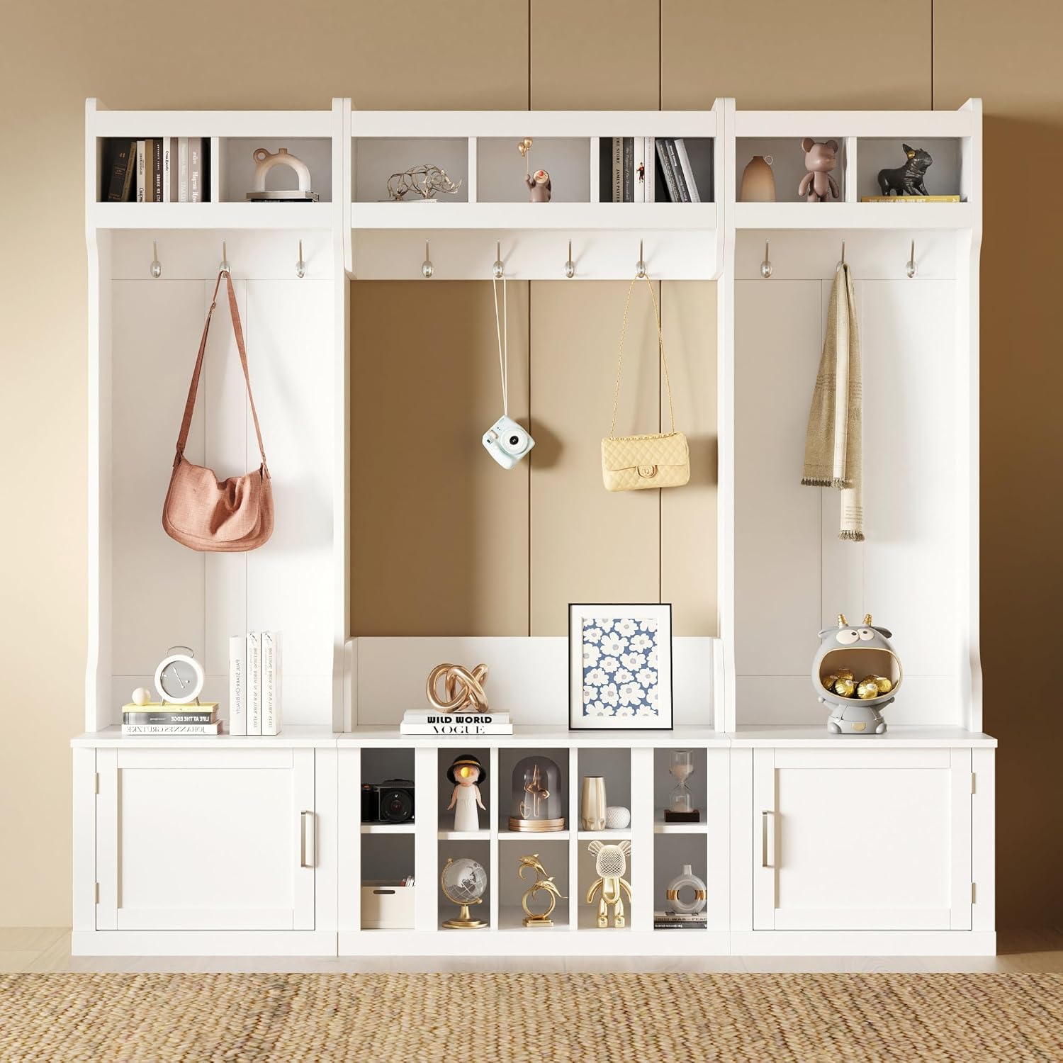 VOXIV Wide Design Hall Tree with Storage and Bench, 4-in-1 Multi-Functional Entryway Bench with Coat Rack and Shoe Cubbies Practical Furniture for Hallway White