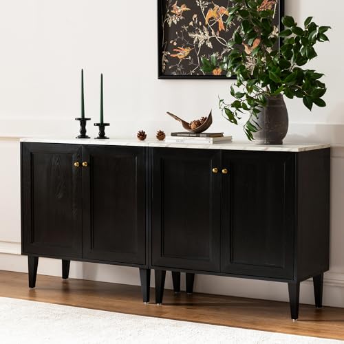 Black Storage Cabinet, Sideboard Buffet Cabinet Modern Accent Cabinet with Faux Marble Top & Adjustable Shelves, Wooden Credenza, Console Table Entryway Cabinet for Living Room