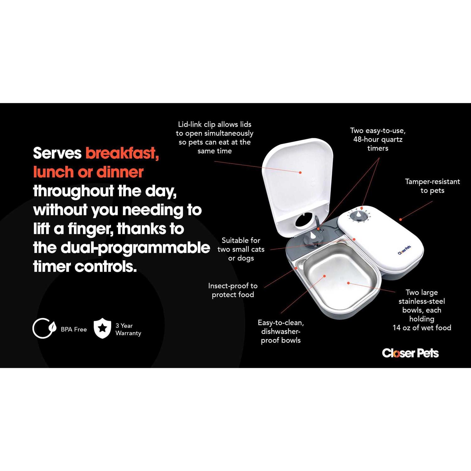 Closer Pets Two-Meal Automatic Pet Feeder with Stainless Steel Bowl Inserts - Pet Supplies online store