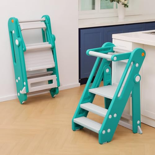 Onasti Toddler Tower Kitchen Stool Helper - Foldable & Adjustable Height Kids Learning Stool for Kitchen Counter Bathroom Sink Child Ladder for Toddlers with Handles, Safty Rail, Non-Slip-Blue Grey