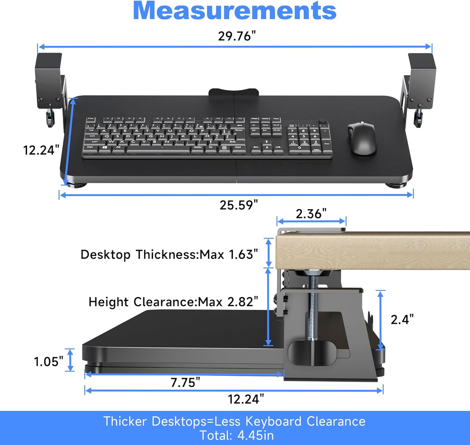 XINLEI Keyboard Tray Under Desk Large C-Clamp 25.6” (30” Including Clamps) x 11.8” Slide-Out Platform Computer Drawer Pull Out Keyboard & Mouse Tray Black DSF4