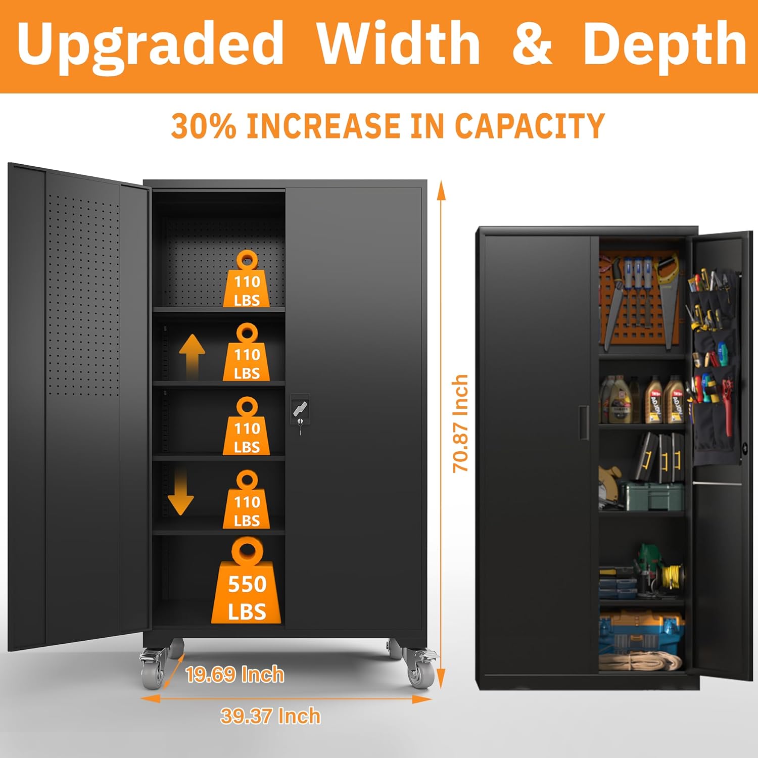 1-Wide 39.37 Inch & Depth 19.69 Inch Metal Storage Cabinet 72 Inch Black Lockable Garage Cabinet with Wheels Heavy-Duty Steel Cabinet with Doors & 4 Adjustable Shelves for Home, Office,Black