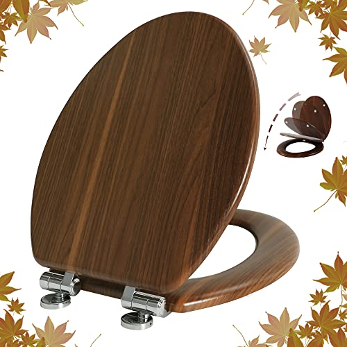 Elongated Toilet Seat Molded Wood Toilet Seat with Quietly Close and Quick Release Hinges, Easy to Install also Easy to Clean by Angol Shiold (Elongated, Brownish Yellow)