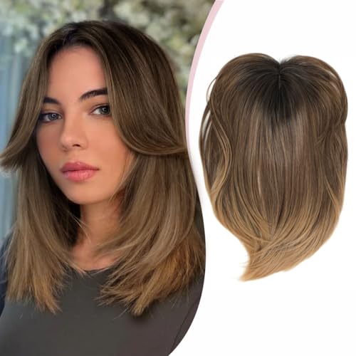 Molefi Hair Toppers for women 7x7'' Hair Topper with thinning hair, Short Hair Toppers for women with Large Base Cover Synthetic Hair Topper Hairpieces for women Brown with Dark Root