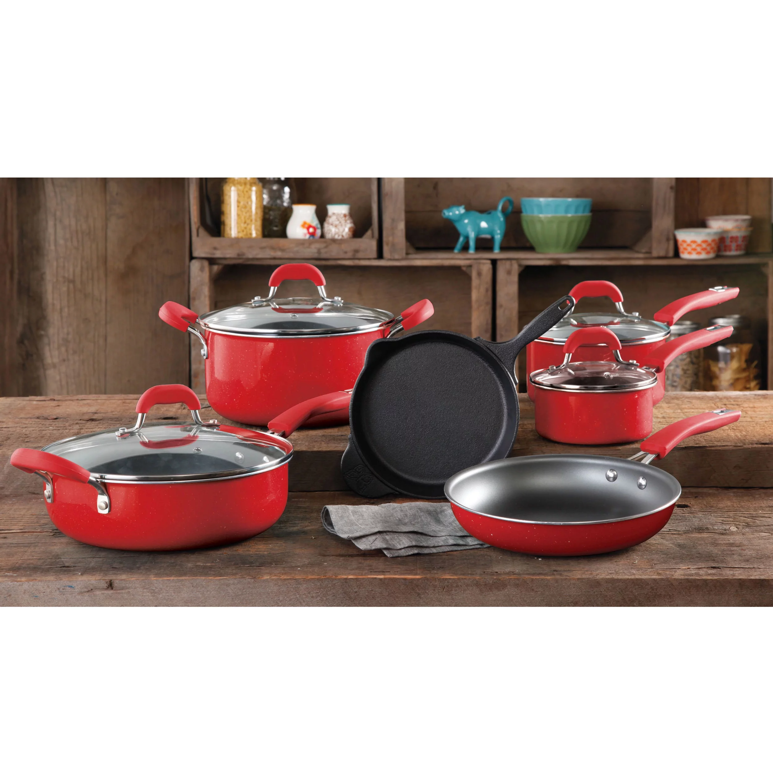 The Pioneer Woman Vintage Speckle 10-Piece Non-Stick Pre-Seasoned Pots and Pans Cookware Set