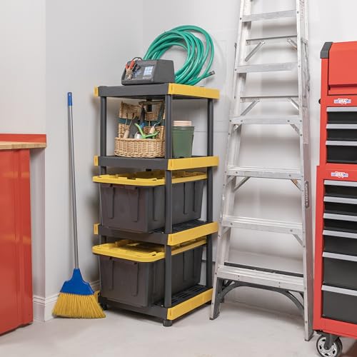 BLACK & YELLOW® 4-Tier Heavy Duty Plastic Storage Shelving Unit, 100lbs/shelf (55”H x 24”W x 20”D), for Indoor/Outdoor Organization, Modular Rack, Extremely Durable®, Made in The USA [2 Pack]
