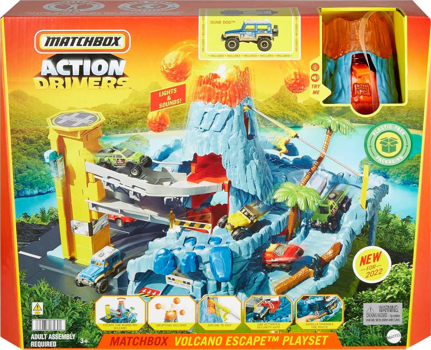 Matchbox Cars Playset, Action Drivers Volcano Escape with 1:64 Scale Vehicle, Kid- & Car-Activated Features, Lava Explosion
