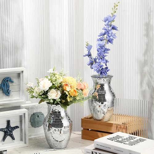 Layhit 2 Pcs Disco Ball Vase 8 Inch Mosaic Glass Vase Mirror Disco Ball Vase for Fashion Home Wedding Gift Office Living Room Kitchen Table Centerpieces Flower Arrangement (Navy Blue)