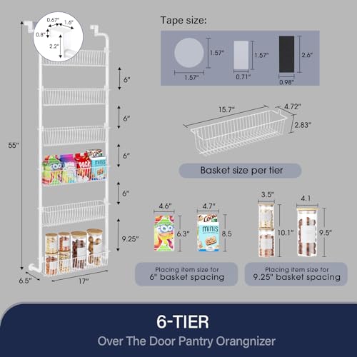 Over The Door Pantry Organizer, 6-Tier Pantry Organization and Storage, Metal Hanging Spice Rack for Pantry Door, Kitchen, Laundry, Bathroom Organization, Back of Door Seasoning Rack, Black