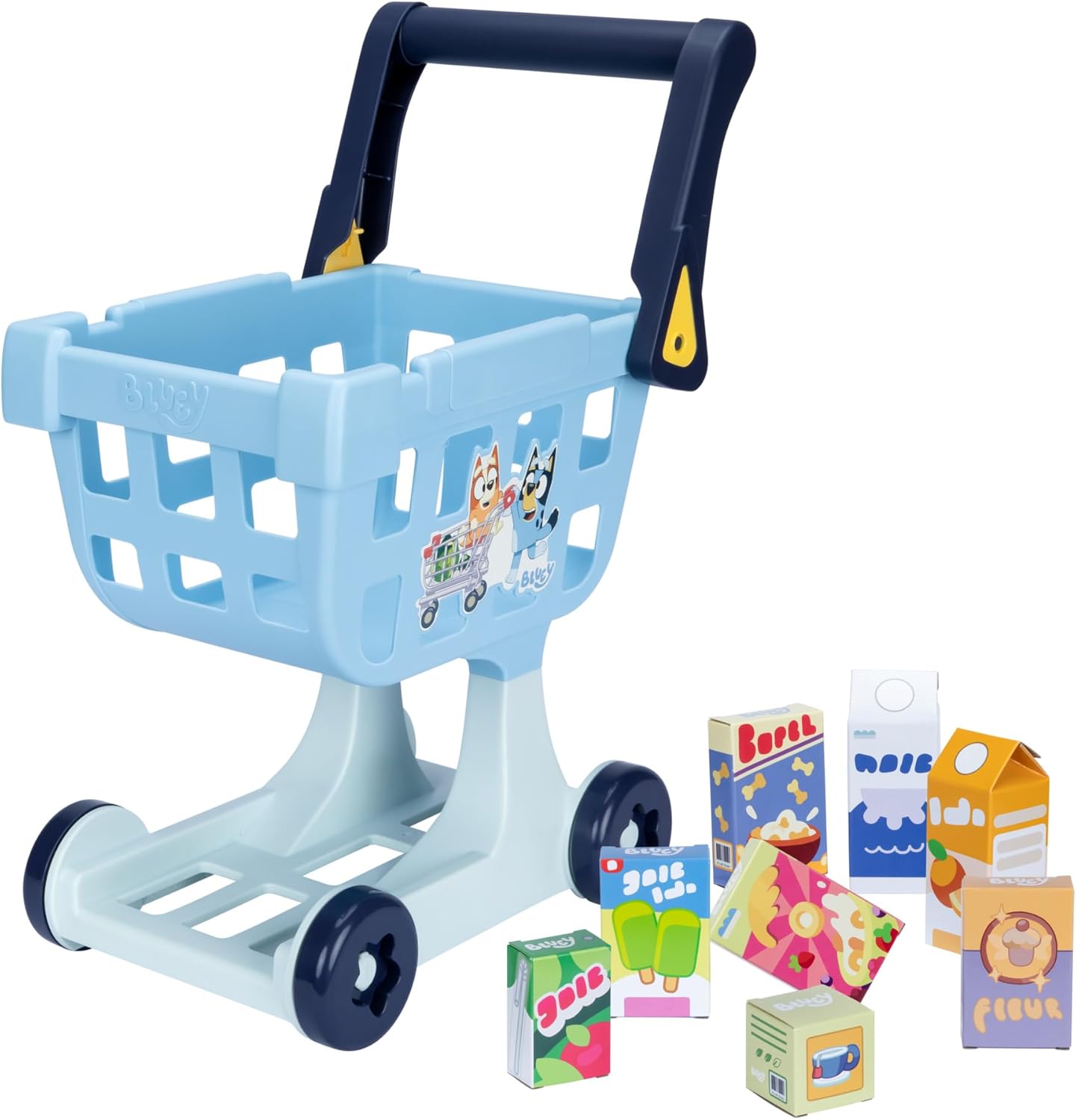 BLUEY The Shopping Trolley | with Free-Rolling Wheels and Rotating Handle. The Ideal Size for Toddlers | Stands at 19.3 Inch Tall | 8 Colorful Cardboard Shopping Goods are Included with This Trolley