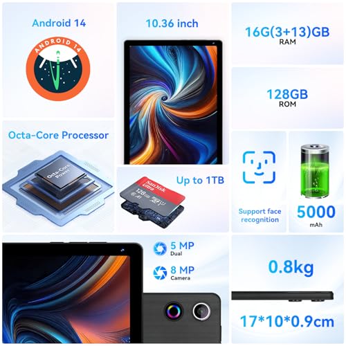 Tablet,10.36 inch Android 14 Tablet, 16GB RAM and 128GB ROM,8-Core HD Display 5000mAh Long Battery,Dual Camera,1TB Expandable Slim Lightweight,Black