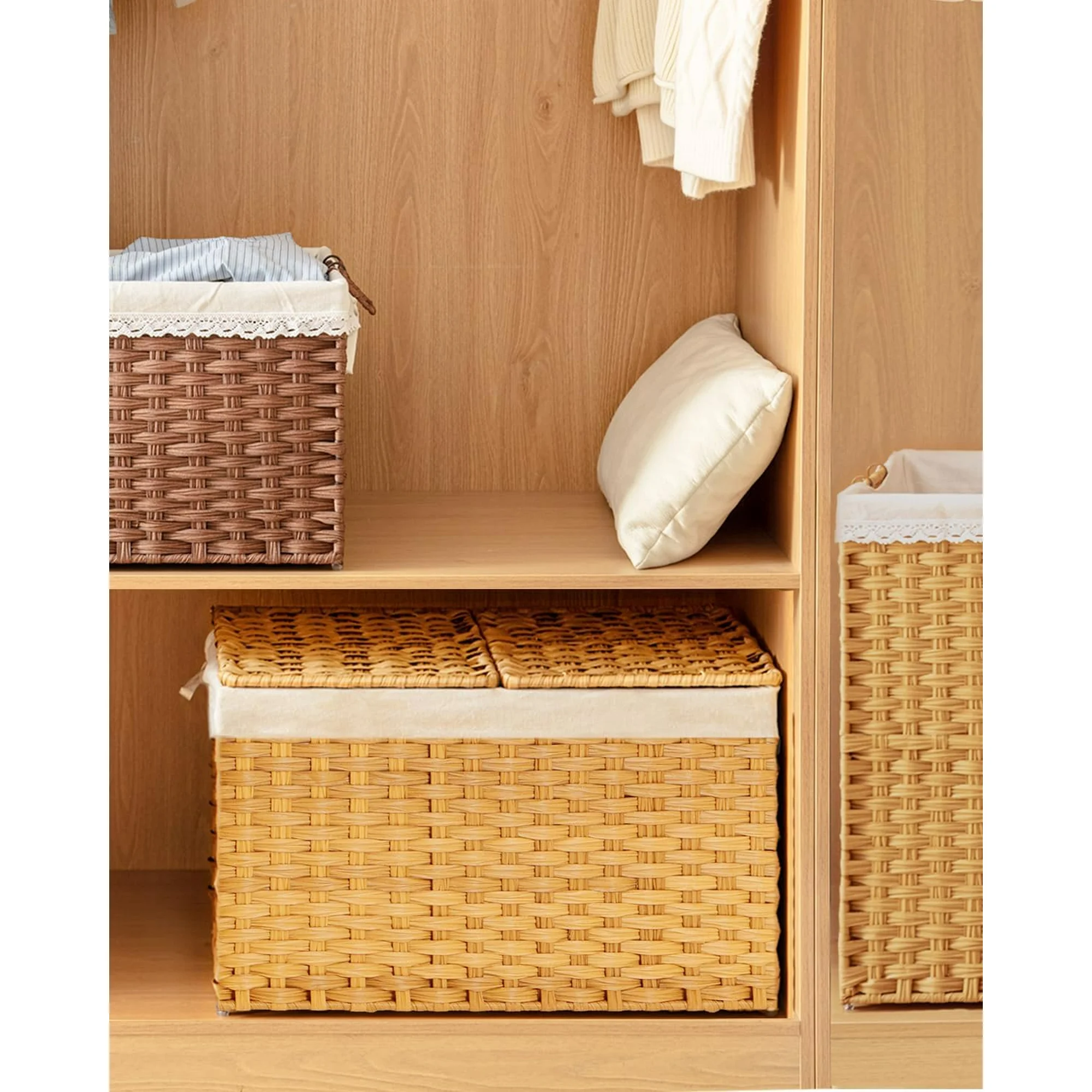 Storage Basket with Lid Wicker Baskets for Storage with 2 Separate Lid 42.3 Gallon (160 L) Rattan Storage Basket with 2 Liners and Handles Woven Storage Basket for Bedroom Laundry Natural