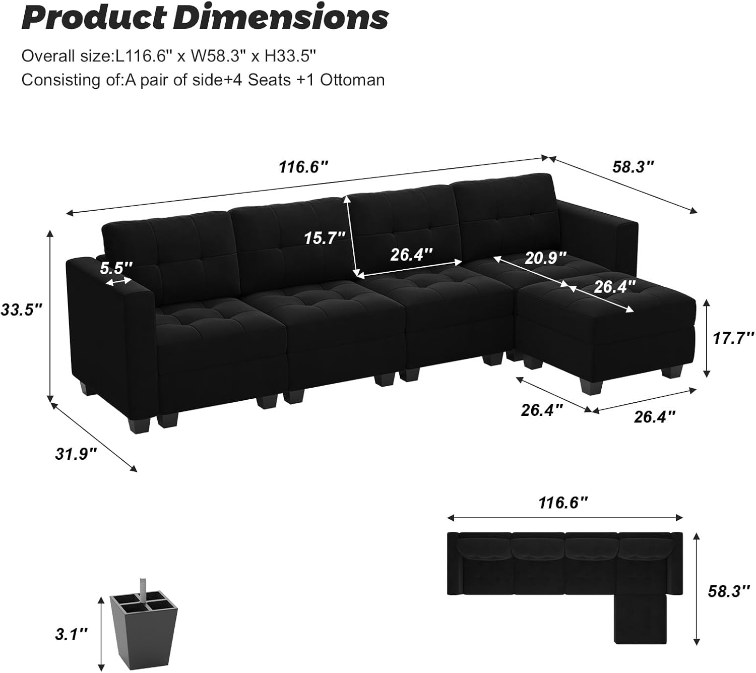 Belffin Modular Sectional Sofa Couch with Storage Seats and Ottomans, Velvet Convertible Sofa with Reversible Chaise, 5 Piece Sofa Sectionals, L Shaped Sleeper Couch, Black