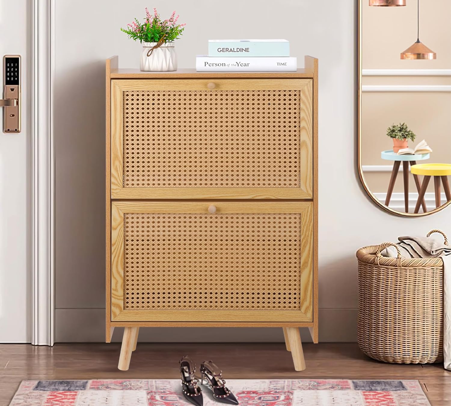 ZYBT Shoe Storage Cabinet for Entryway Slim, Free Standing Shoe Racks for Entryway, Wooden Shoe Rack for Door 2 Flip Drawers Rattan Shoe Organizer, Brown Entryway Shoe Storage Organizer