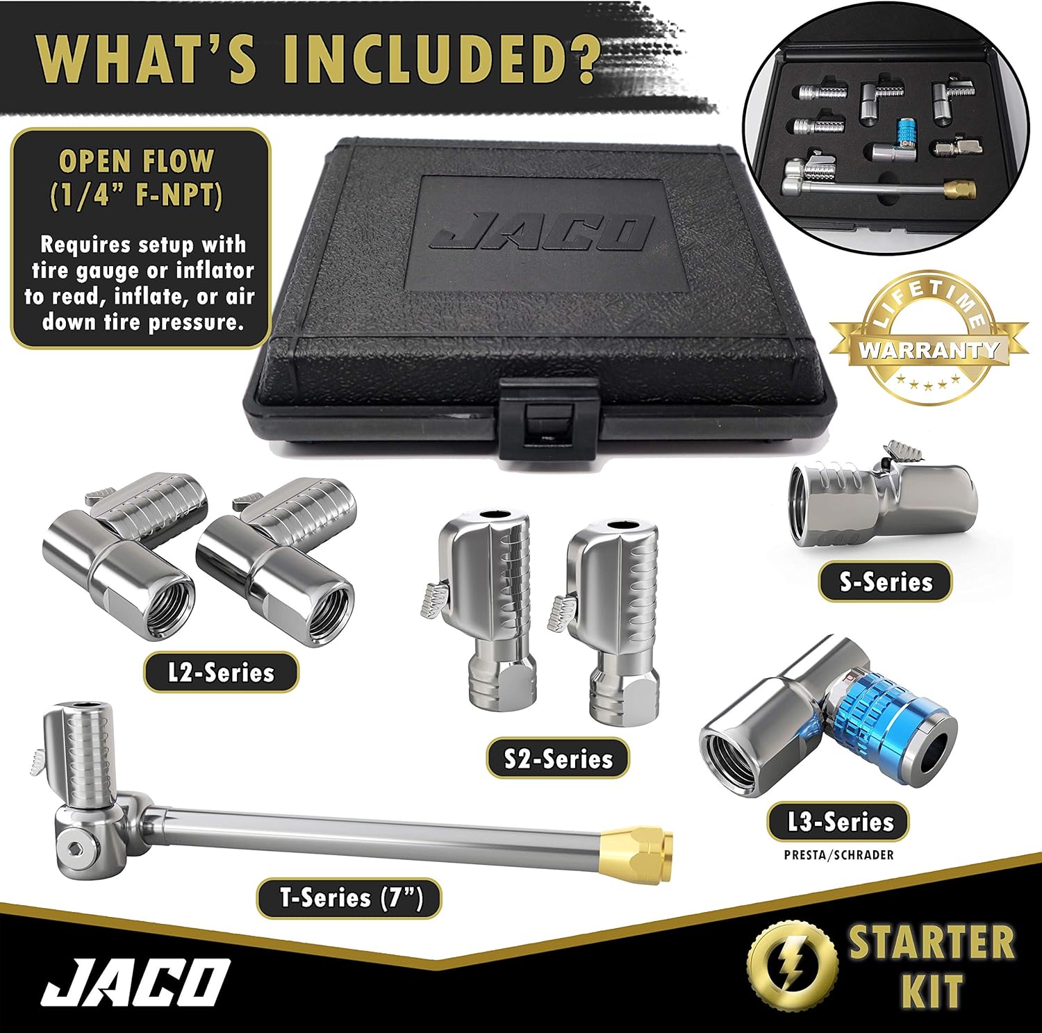 JACO Lightning Tire Air Chuck Kit (Set of 7) | Open Flow, 1/4