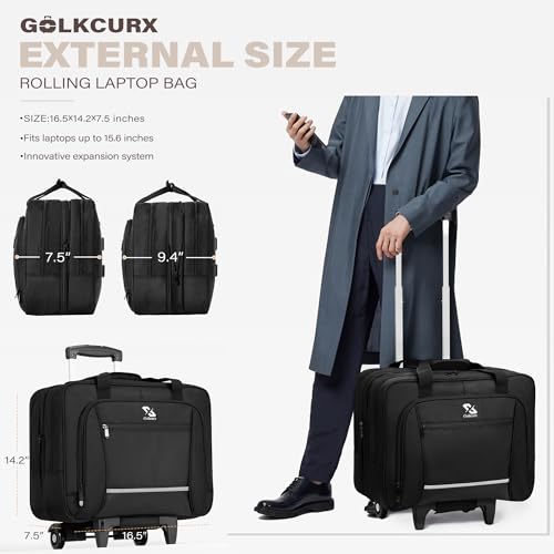 Golkcurx Rolling Laptop Bag with Wheels, Removable Water-Repellent Rolling Briefcase for Women and Men, Fits Up to 17.3 Inch Laptop Rolling Computer Bag, Black