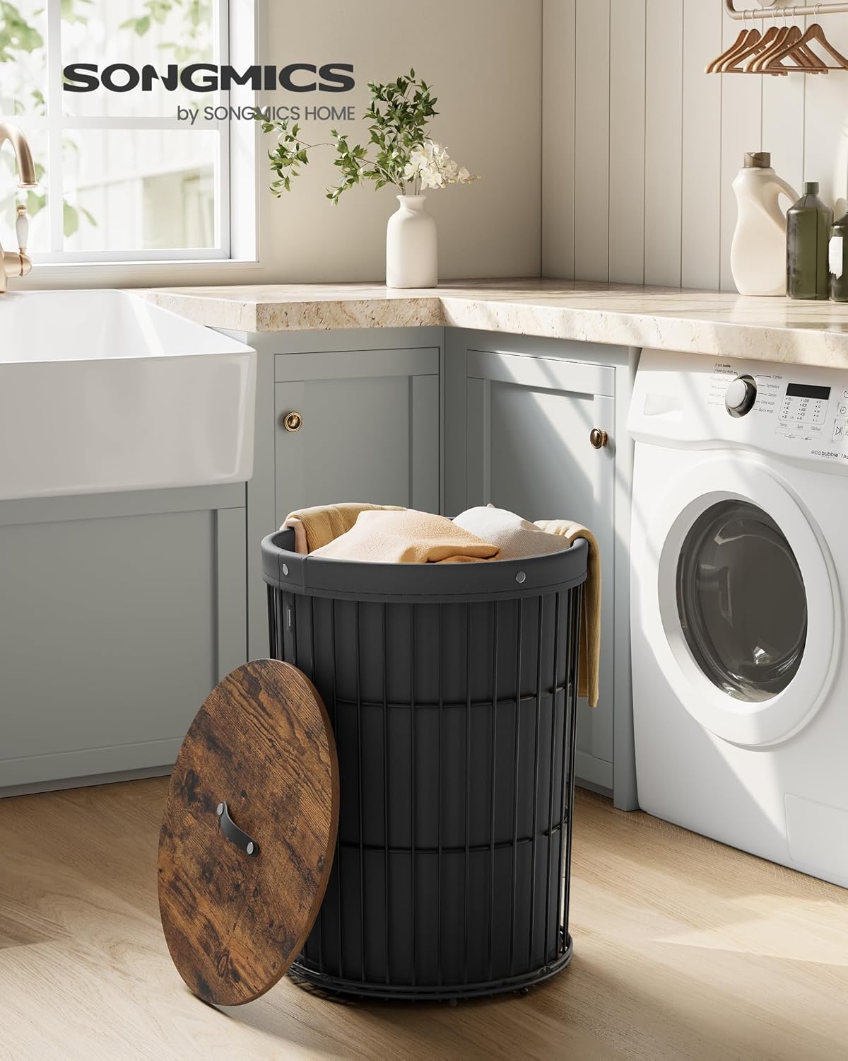 SONGMICS Laundry Hamper with Lid, Round Laundry Basket, 25 Gallons (95 L), Versatile, Removable Fabric Liner, Large Capacity, for Laundry Room, Bedroom, Living Room, Ink Black ULCB160B01