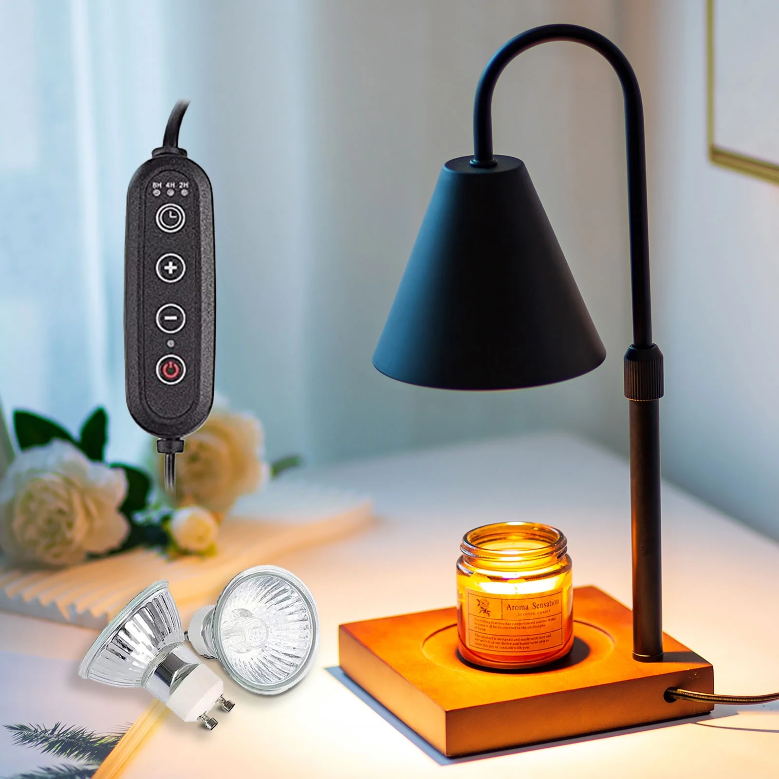Sziqiqi Candle Wax Warmer Lamp with Timer for Home Decor Electric Candle Melt Warmer with Adjustable Height Dimmable Light 2 Bulbs, Black, Walnut, for Jar Candles, Large Scented Candles Fragrance