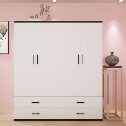 Wood Armoire Wardrobe Closet with 4 Doors, 2 Hanging Rods, 2 Drawers, Bedroom Armoire Organization with Mirror & Clothes Storage Cabinet Shelving 63