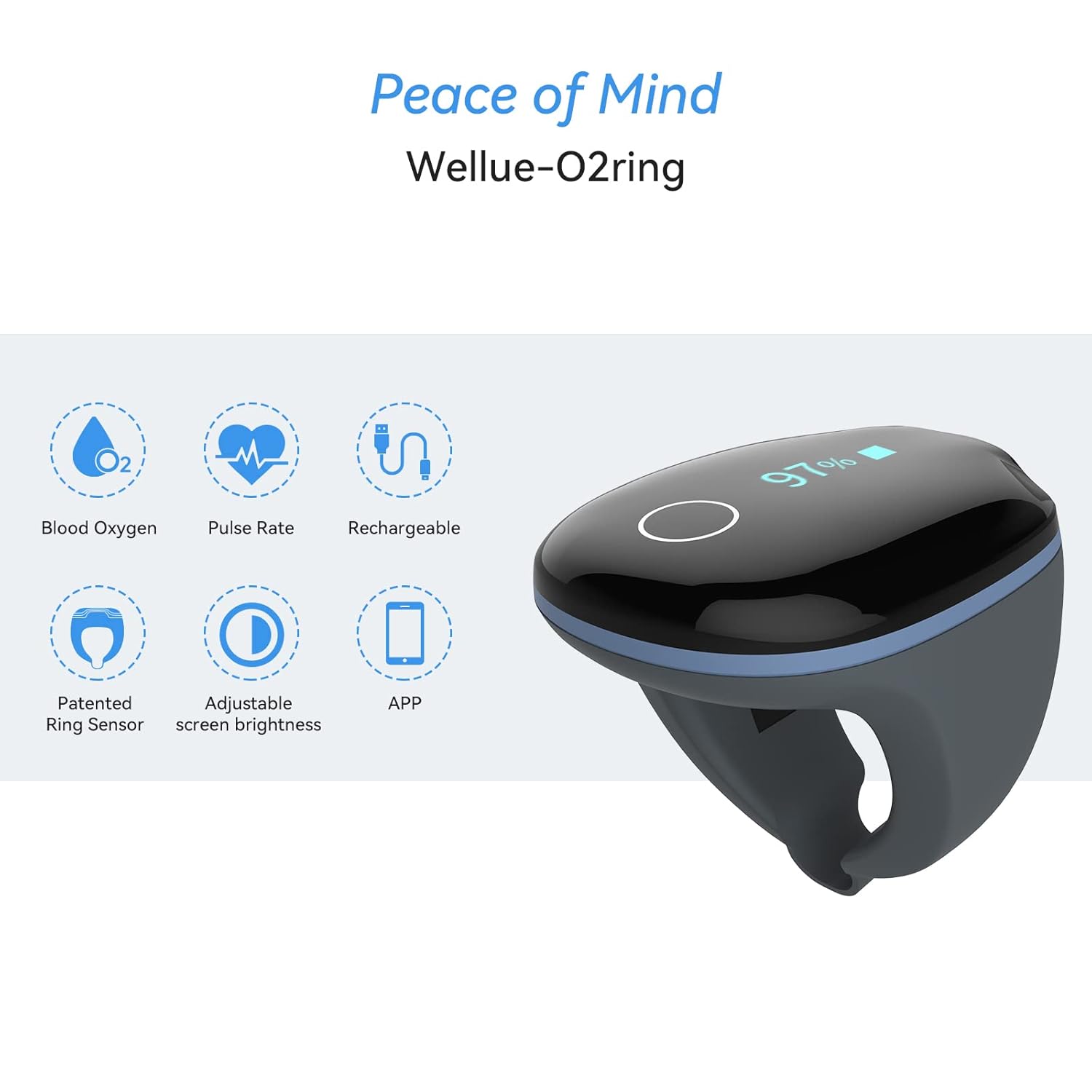 Wellue O2ring Pulse Oximeter - Rechargeable Bluetooth Oxygen Saturation Monitor with Reminder| Wearable O2 Meter Continuous Tracking of Oxygen Level and Pulse Rate with Free APP & PC Software