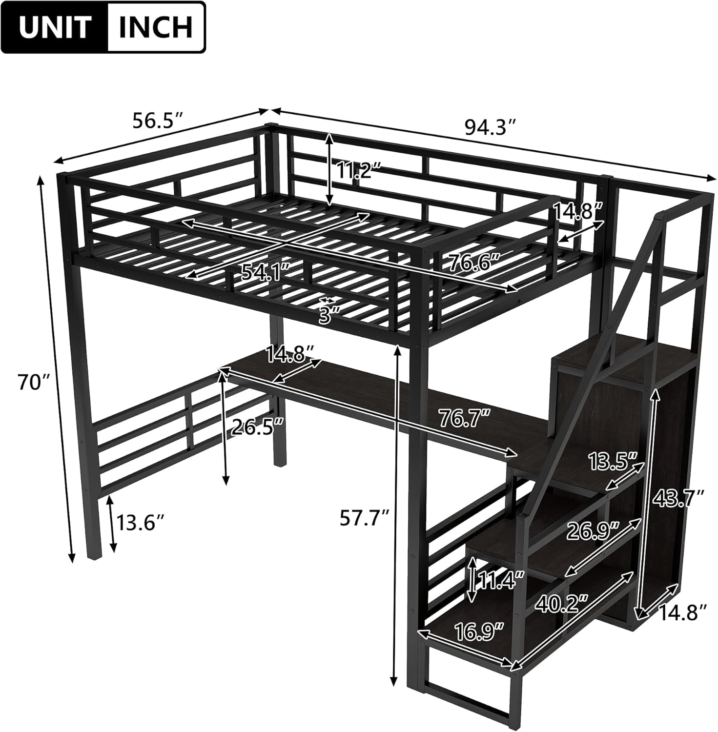 CITYLIGHT Full Loft Bed with Desk and Wardrobe,Metal Loft Bed Full Size with Storage Stairs and Guard Rail,Space Saving Loft Bed with Desk Underneath for Kids Teens,Black