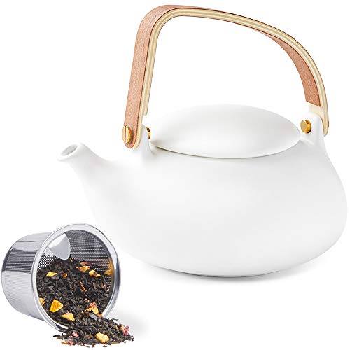 ZENS Modern Japanese Tea Set, 27 oz Ceramic Japanese Teapot with Fine Stainers and 4 Cups for Loose Leaf Tea Steeper, Wood Handle Matte Japanese Teapots Hot Tea Brewer for Tea Party Women Gifts