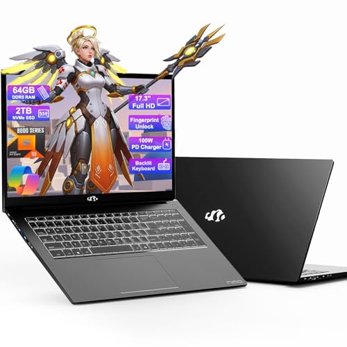 NIMO 17.3 Gaming-Laptop Ryzen 9 8945HS (>i9-13900H) 16GB RAM, 1TB SSD, Radeon 780M, PD 100W USB-C 4.0 AI-Enhanced for Copilot VR Ready, Backlit KB Fingerprint Unlock, Gaming Student Office Business