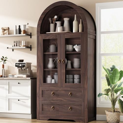 Kitchen Pantry Cabinet, Arched Bookshelf Bookcase China Pantry Storage Cabinet with Drawers Doors and Shelves,71“ Tall Food Pantry Funiture for Living Room,Dining Room (Brown)