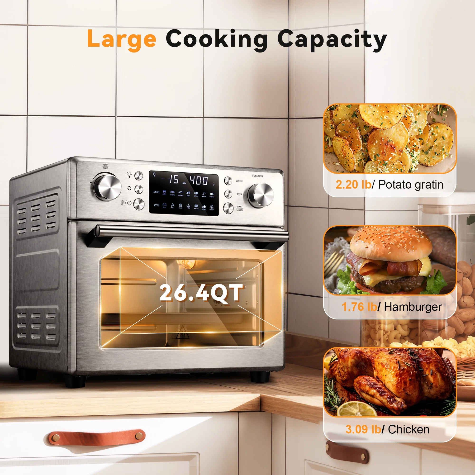 Besttey 26.4 QT Countertop Oven 1700W Stainless steel Convection Oven 14-in-1 Air Fryer, New