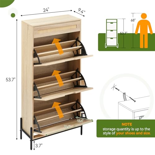 GAOMON Rattan Shoe Storage Cabinet with 3 Flip Door and 1 Drawer, Freestanding Shoe Organizer Rack for Entryway, Hidden Shoe Cabinet with 3-Tier Adjustable Shelves for Hallway Living Room (Oak)