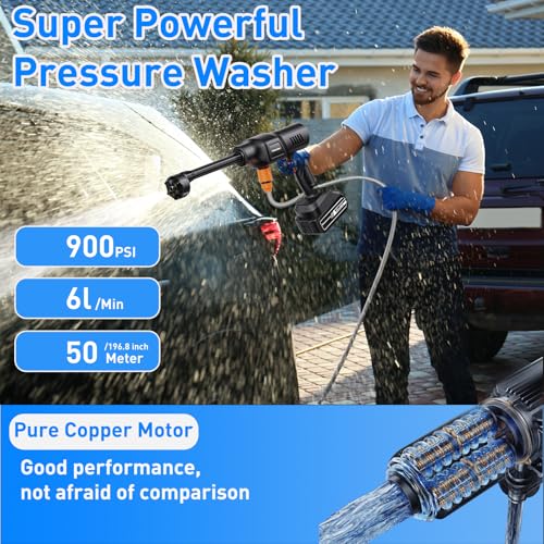 Portable Pressure Washer, 900PSI Cordless Power Washer, Portable Power Washer with 2 Batteries, 6-in-1 Nozzle, Handheld Pressure Washer for Car/Floor/Garden