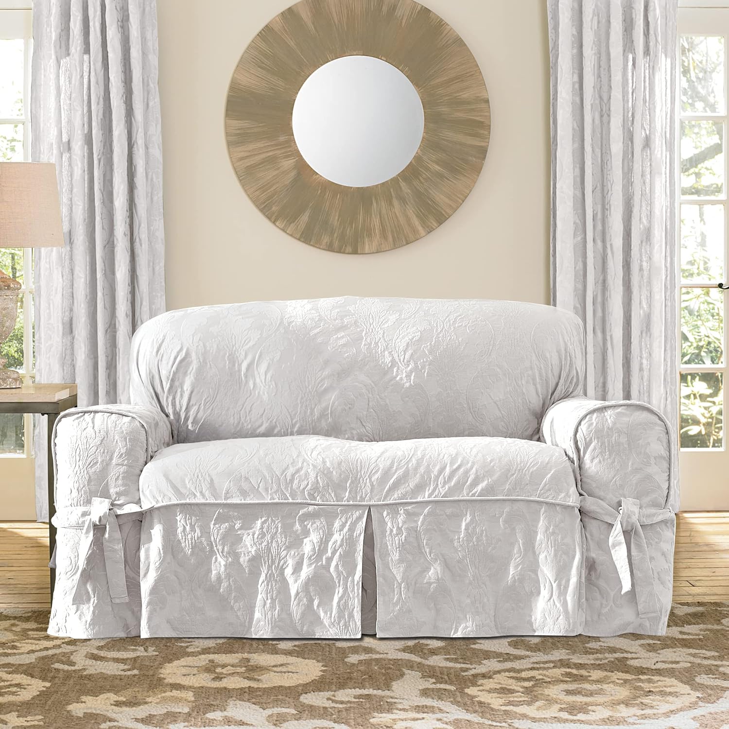 Matelasse Damask Furniture Cover, Loveseat - Box Cushion, White