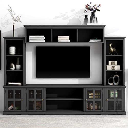 CEMKAE Modern TV Stand Complete TV Entertainment Wall Unit Center TV Console Table for TVs Up to 70”,Entertainment Center with Storage Bridge and Glass Door Storage Cabinet/Bookshelves (White)