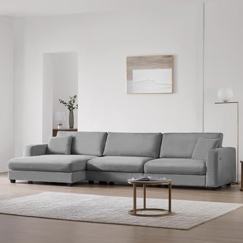 Oversized Corduroy Sectional Sofa, L Shaped Cloud Couch with USB Charging Port,Cup Holder,Deep Seat Sofa Bed with 50